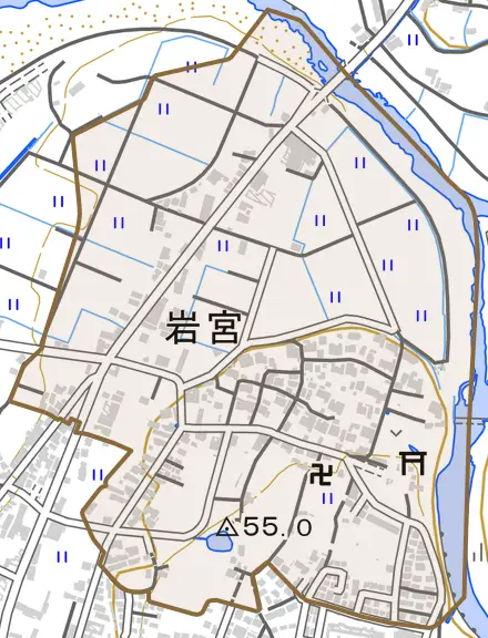 岩宮とその周辺の地図。町の範囲を重ねている