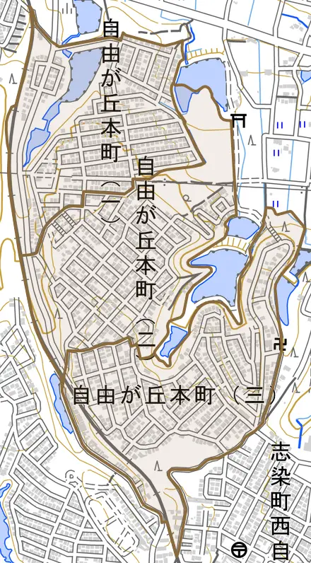 自由が丘本町とその周辺の地図。町の範囲を重ねている