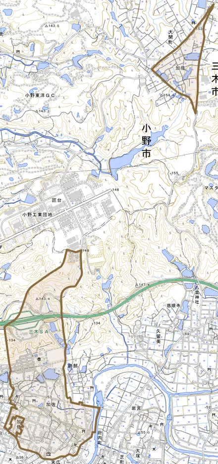 加佐とその周辺の地図。町の範囲を重ねている