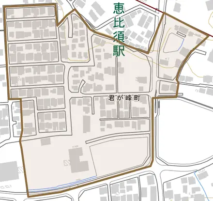 君が峰町とその周辺の地図。町の範囲を重ねている