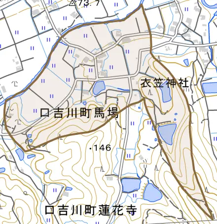 口吉川町馬場とその周辺の地図。町の範囲を重ねている