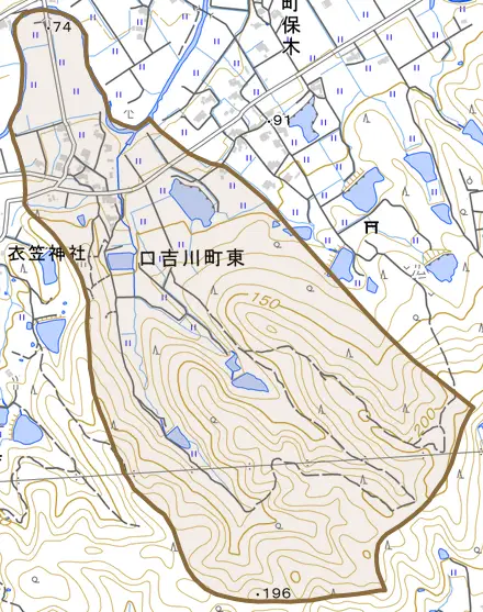 口吉川町東とその周辺の地図。町の範囲を重ねている