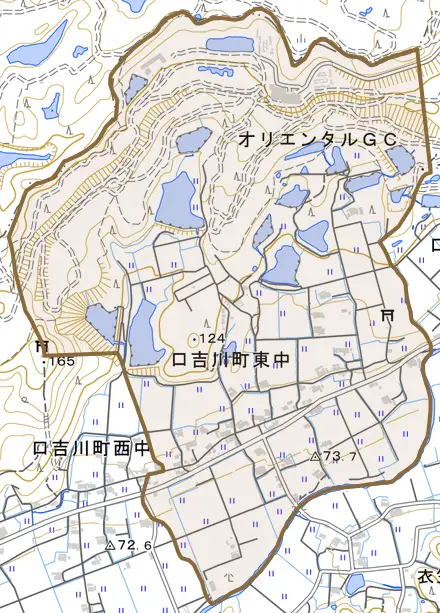 口吉川町東中とその周辺の地図。町の範囲を重ねている