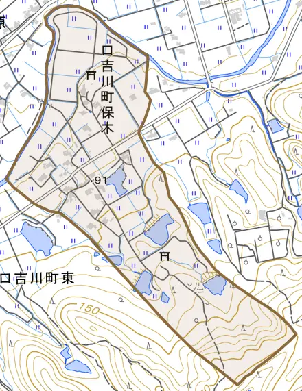 口吉川町保木とその周辺の地図。町の範囲を重ねている