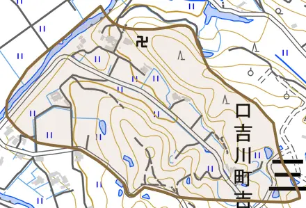 口吉川町吉祥寺とその周辺の地図。町の範囲を重ねている