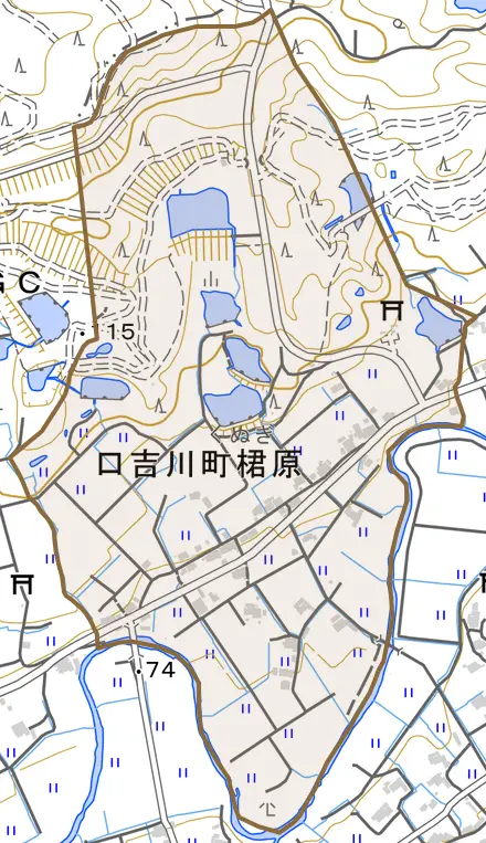 口吉川町桾原とその周辺の地図。町の範囲を重ねている
