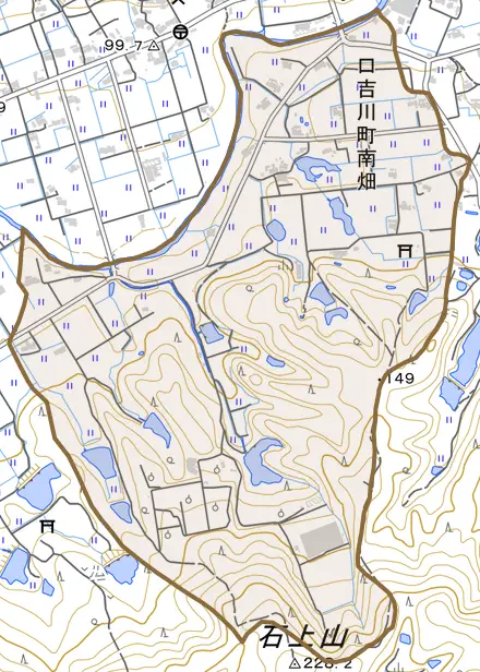 口吉川町南畑とその周辺の地図。町の範囲を重ねている