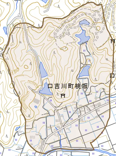 口吉川町桃坂とその周辺の地図。町の範囲を重ねている
