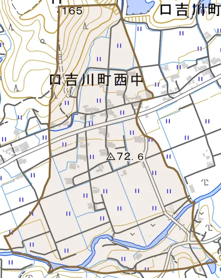 口吉川町西中とその周辺の地図。町の範囲を重ねている