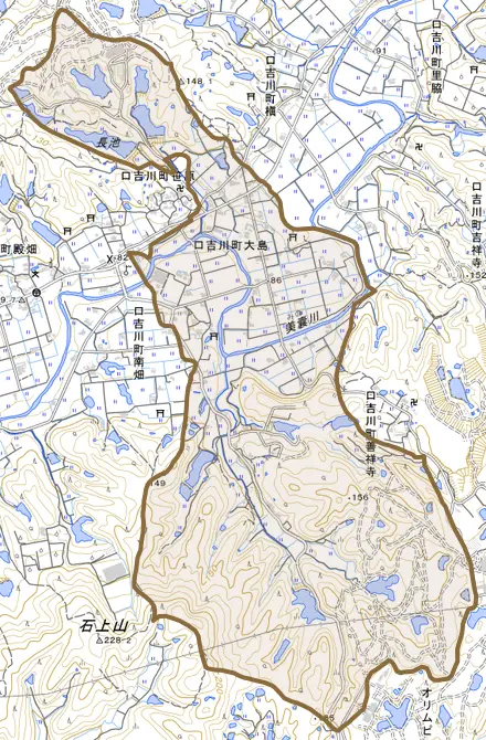 口吉川町大島とその周辺の地図。町の範囲を重ねている