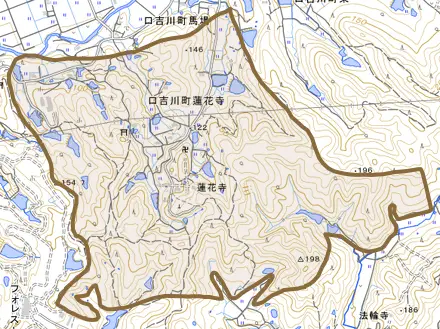 口吉川町蓮花寺とその周辺の地図。町の範囲を重ねている
