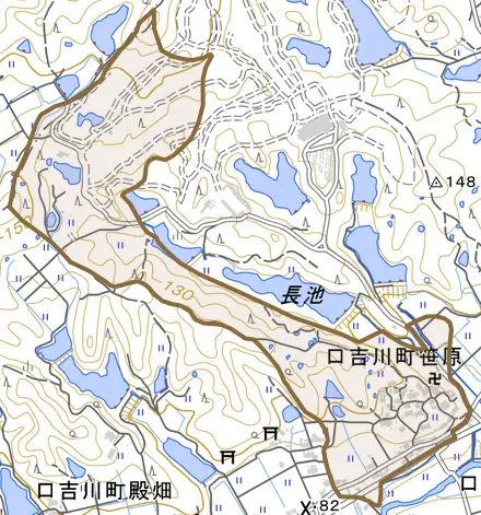 口吉川町笹原とその周辺の地図。町の範囲を重ねている