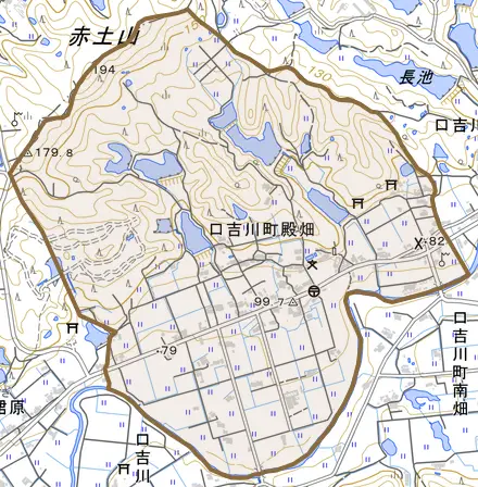 口吉川町殿畑とその周辺の地図。町の範囲を重ねている