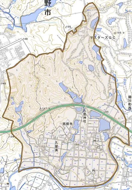 久留美とその周辺の地図。町の範囲を重ねている
