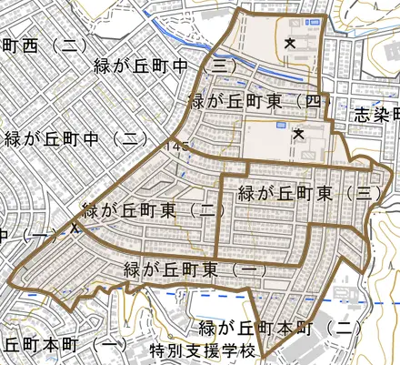 緑が丘町東とその周辺の地図。町の範囲を重ねている