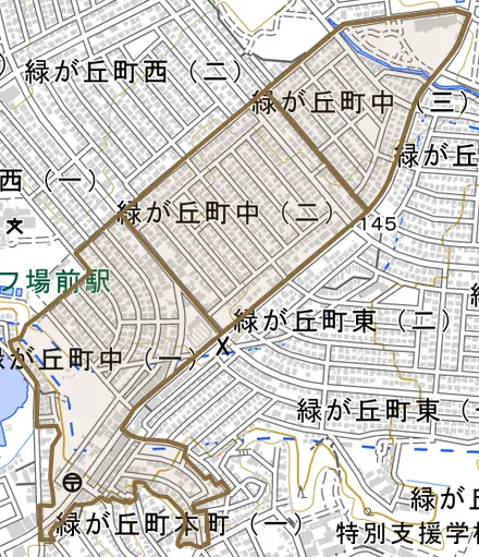 緑が丘町中とその周辺の地図。町の範囲を重ねている