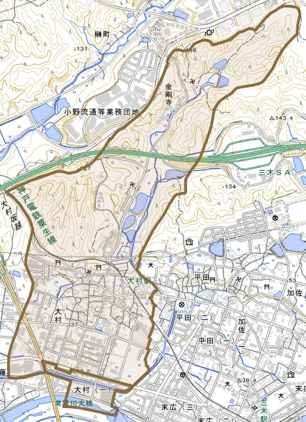 大村とその周辺の地図。町の範囲を重ねている