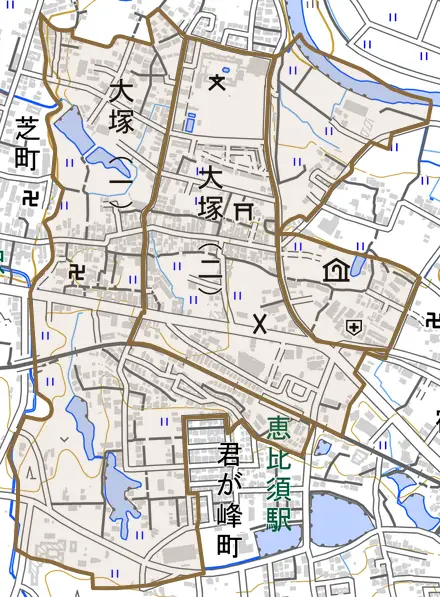 大塚とその周辺の地図。町の範囲を重ねている