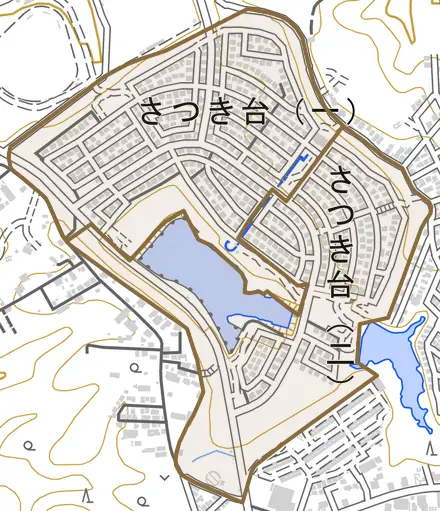 さつき台とその周辺の地図。町の範囲を重ねている