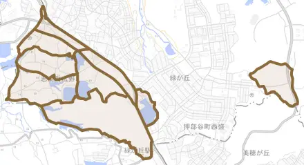 志染町広野とその周辺の地図。町の範囲を重ねている
