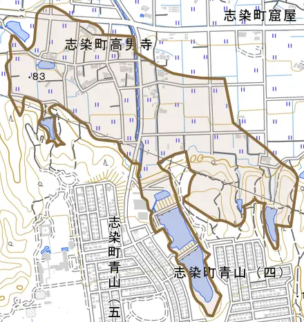 志染町高男寺とその周辺の地図。町の範囲を重ねている