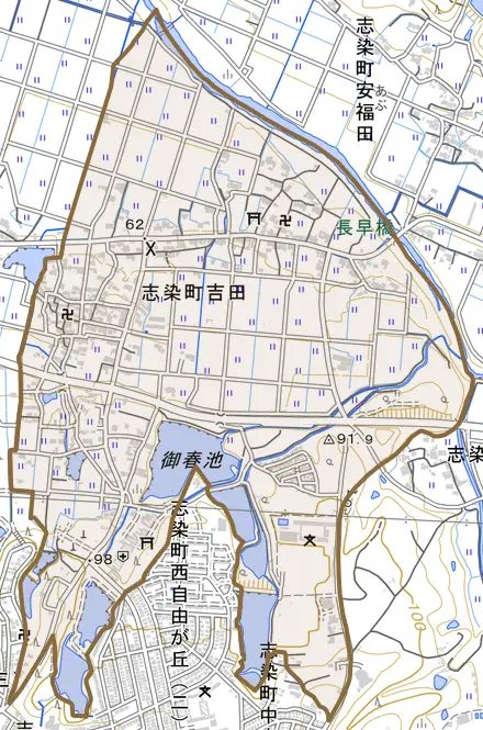 志染町吉田とその周辺の地図。町の範囲を重ねている