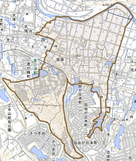 宿原とその周辺の地図。町の範囲を重ねている
