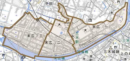末広とその周辺の地図。町の範囲を重ねている