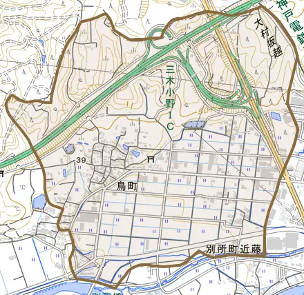 鳥町とその周辺の地図。町の範囲を重ねている