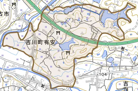吉川町有安とその周辺の地図。町の範囲を重ねている