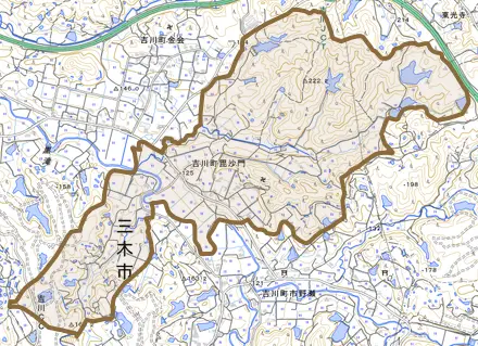 吉川町毘沙門とその周辺の地図。町の範囲を重ねている