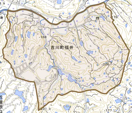 吉川町福井とその周辺の地図。町の範囲を重ねている