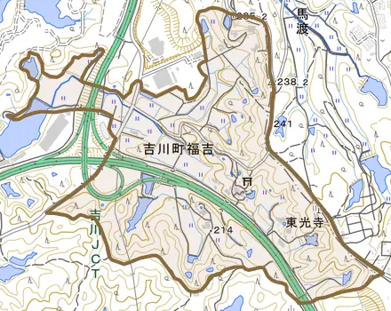 吉川町福吉とその周辺の地図。町の範囲を重ねている