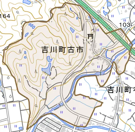 吉川町古市とその周辺の地図。町の範囲を重ねている