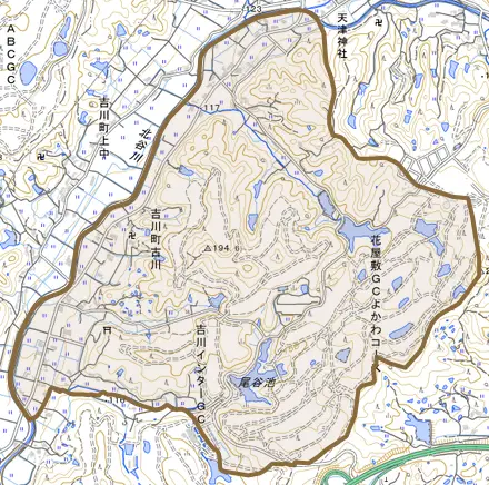 吉川町古川とその周辺の地図。町の範囲を重ねている