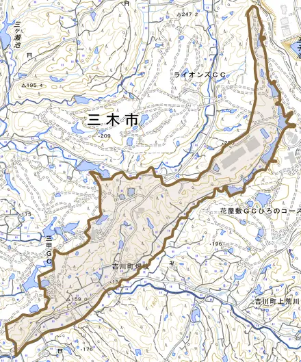 吉川町畑枝とその周辺の地図。町の範囲を重ねている