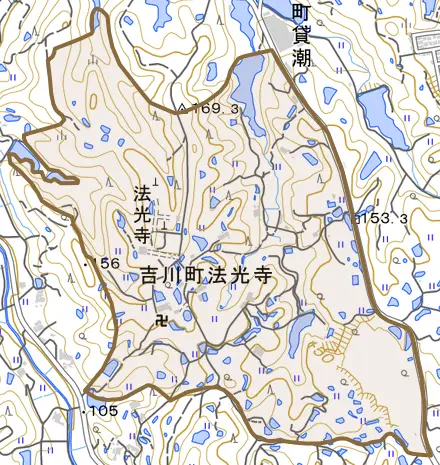 吉川町法光寺とその周辺の地図。町の範囲を重ねている