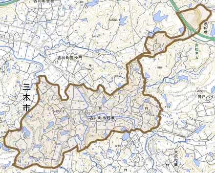 吉川町市野瀬とその周辺の地図。町の範囲を重ねている