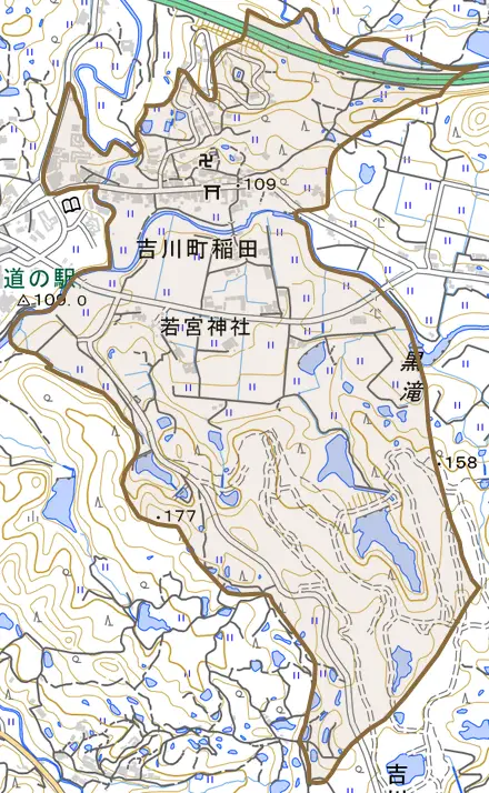 吉川町稲田とその周辺の地図。町の範囲を重ねている