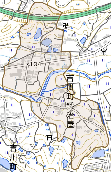 吉川町鍛治屋とその周辺の地図。町の範囲を重ねている