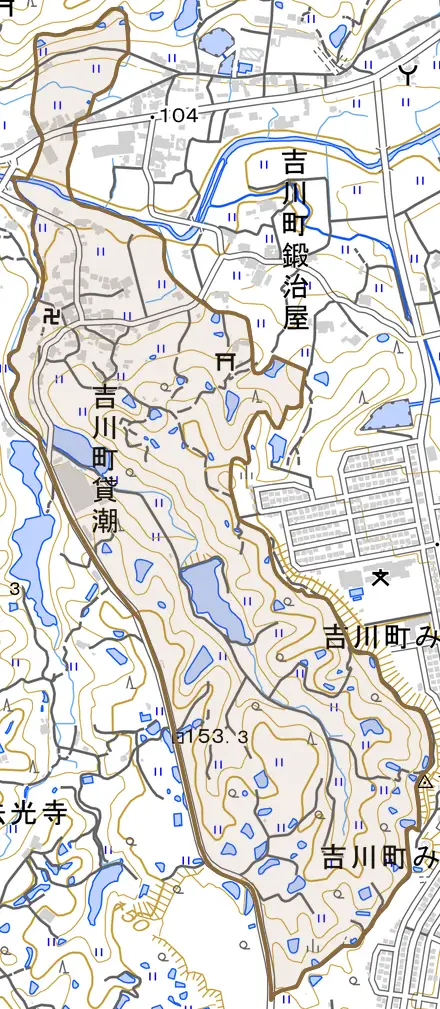 吉川町貸潮とその周辺の地図。町の範囲を重ねている