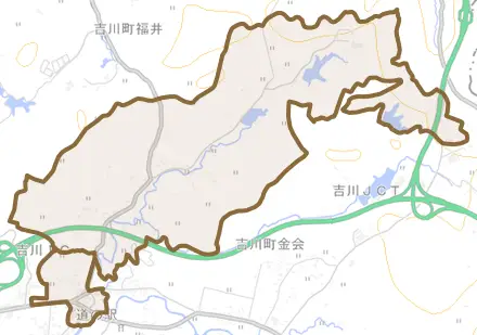 吉川町吉安とその周辺の地図。町の範囲を重ねている