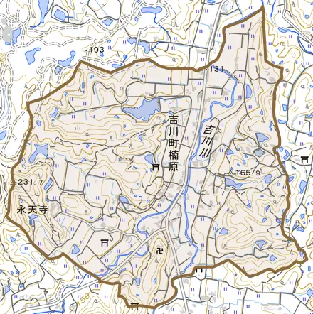 吉川町楠原とその周辺の地図。町の範囲を重ねている