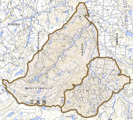 吉川町水上とその周辺の地図。町の範囲を重ねている