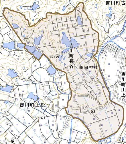 吉川町長谷とその周辺の地図。町の範囲を重ねている