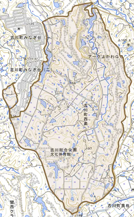 吉川町西奥とその周辺の地図。町の範囲を重ねている