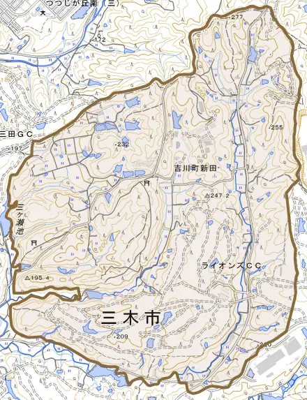 吉川町新田とその周辺の地図。町の範囲を重ねている