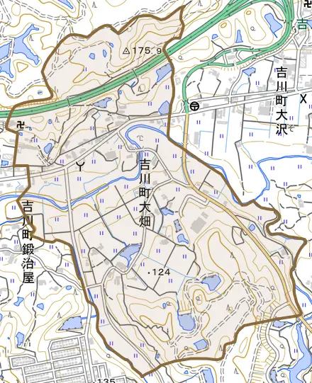 吉川町大畑とその周辺の地図。町の範囲を重ねている