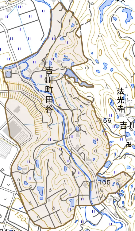 吉川町田谷とその周辺の地図。町の範囲を重ねている