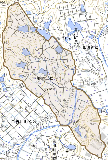 吉川町上松とその周辺の地図。町の範囲を重ねている